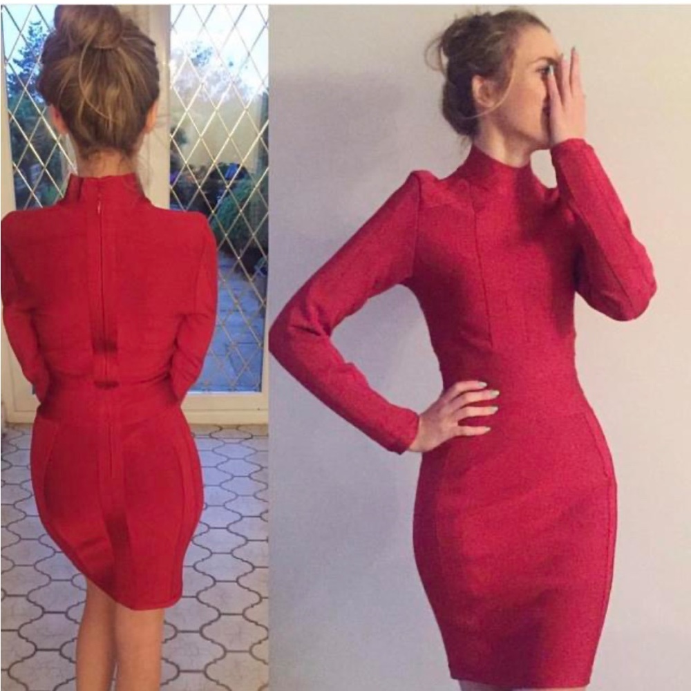 House of CB Bandage Dress Knee Length Long Sleeve Turtleneck Red Bodycon Fitted